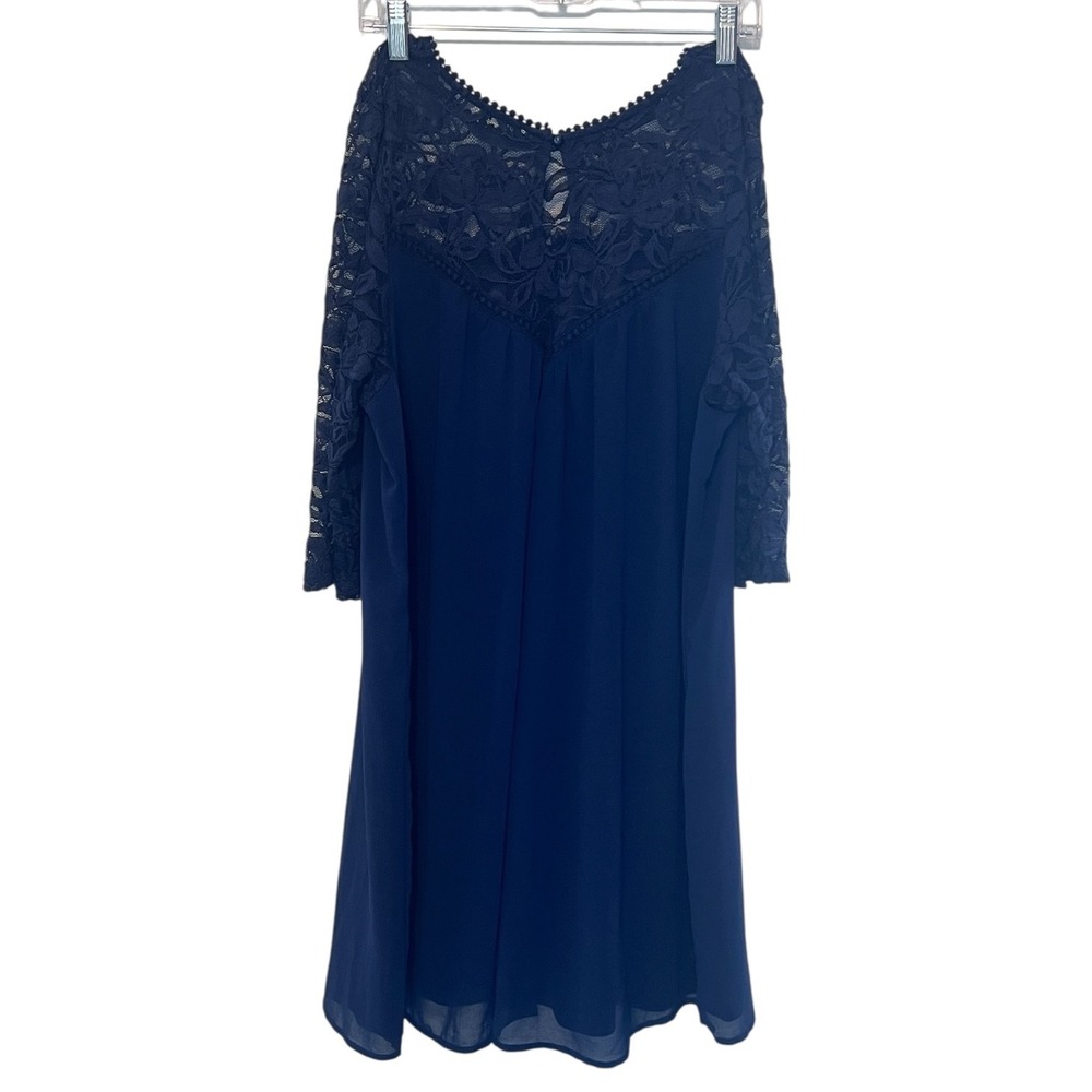 AUW Navy Blue Lace Sleeve Shift‎ Dress 1X Plus Flowy Romantic Cocktail Bohemian